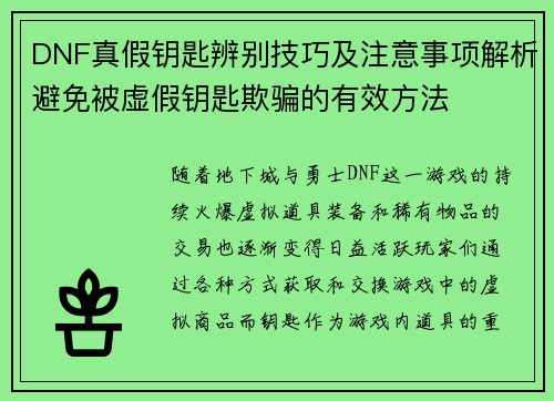 DNF真假钥匙辨别技巧及注意事项解析避免被虚假钥匙欺骗的有效方法